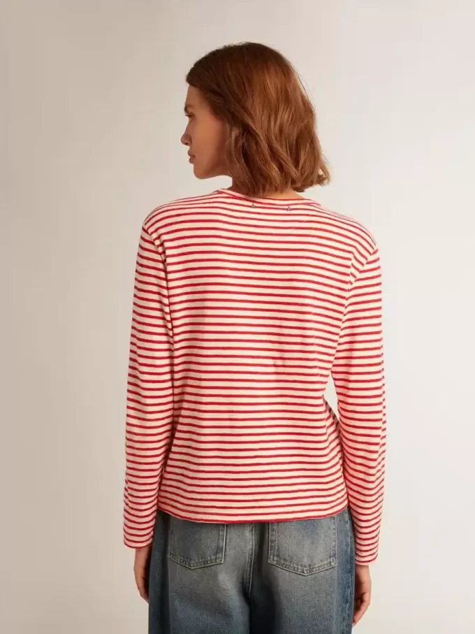 Damen-T-Shirt mit weißen und roten Streifen und Stickerei auf der Vorderseite