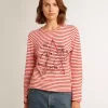 Damen-T-Shirt mit weißen und roten Streifen und Stickerei auf der Vorderseite
