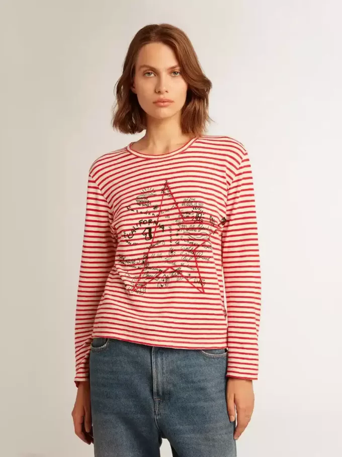 Damen-T-Shirt mit weißen und roten Streifen und Stickerei auf der Vorderseite