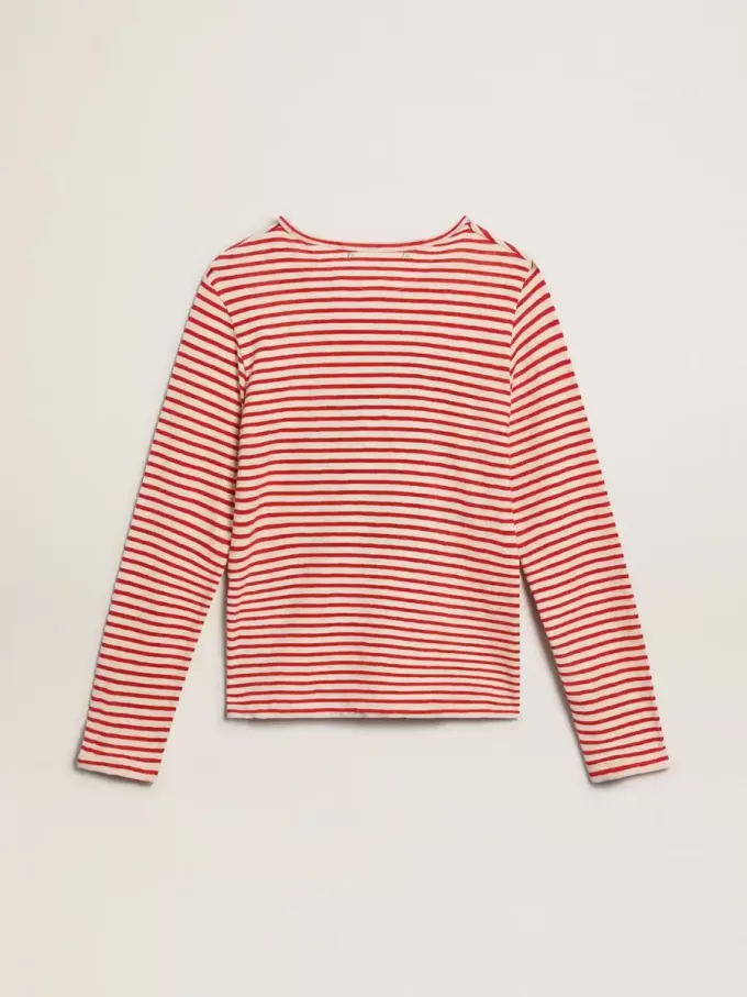 Damen-T-Shirt mit weißen und roten Streifen und Stickerei auf der Vorderseite