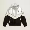 Damen-Windjacke aus silbernem und schwarzem Funktionsstoff