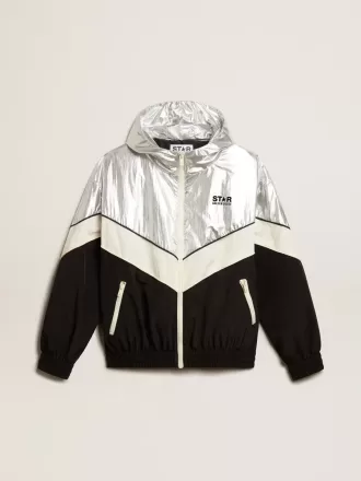 Damen-Windjacke aus silbernem und schwarzem Funktionsstoff