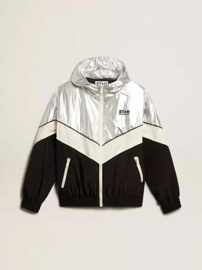 Damen-Windjacke aus silbernem und schwarzem Funktionsstoff
