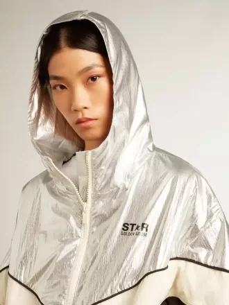 Damen-Windjacke aus silbernem und schwarzem Funktionsstoff