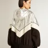 Damen-Windjacke aus silbernem und schwarzem Funktionsstoff