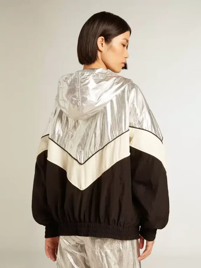 Damen-Windjacke aus silbernem und schwarzem Funktionsstoff