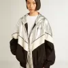 Damen-Windjacke aus silbernem und schwarzem Funktionsstoff