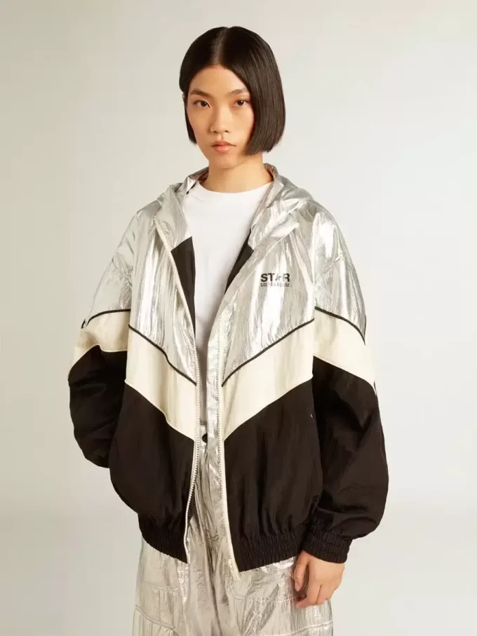 Damen-Windjacke aus silbernem und schwarzem Funktionsstoff