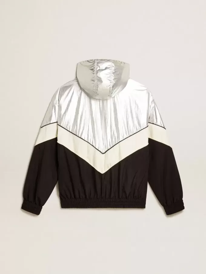 Damen-Windjacke aus silbernem und schwarzem Funktionsstoff