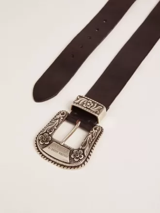 Damengürtel aus schwarzem Leder mit silberverzierter Schnalle