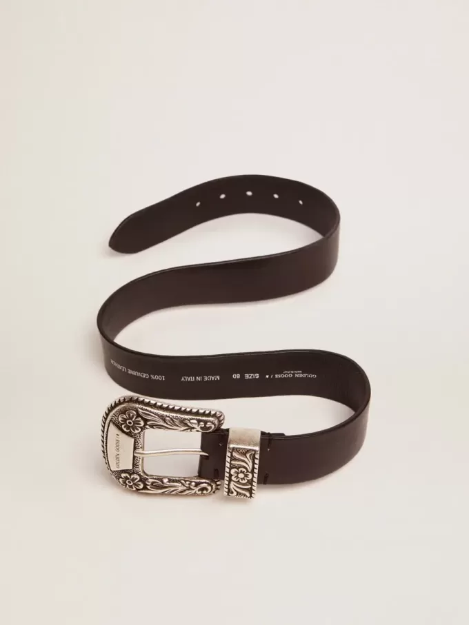Damengürtel aus schwarzem Leder mit silberverzierter Schnalle Damengürtel aus schwarzem Leder mit silberverzierter Schnalle