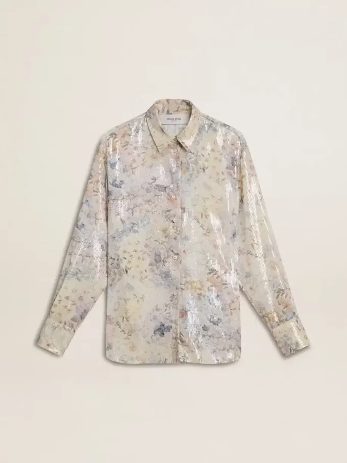 Damenhemd mit mehrfarbigem Blumen-Paillettenprint Damenhemd mit mehrfarbigem Blumen-Paillettenprint