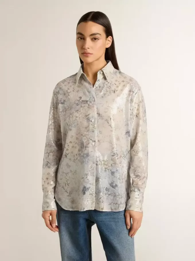 Damenhemd mit mehrfarbigem Blumen-Paillettenprint Damenhemd mit mehrfarbigem Blumen-Paillettenprint