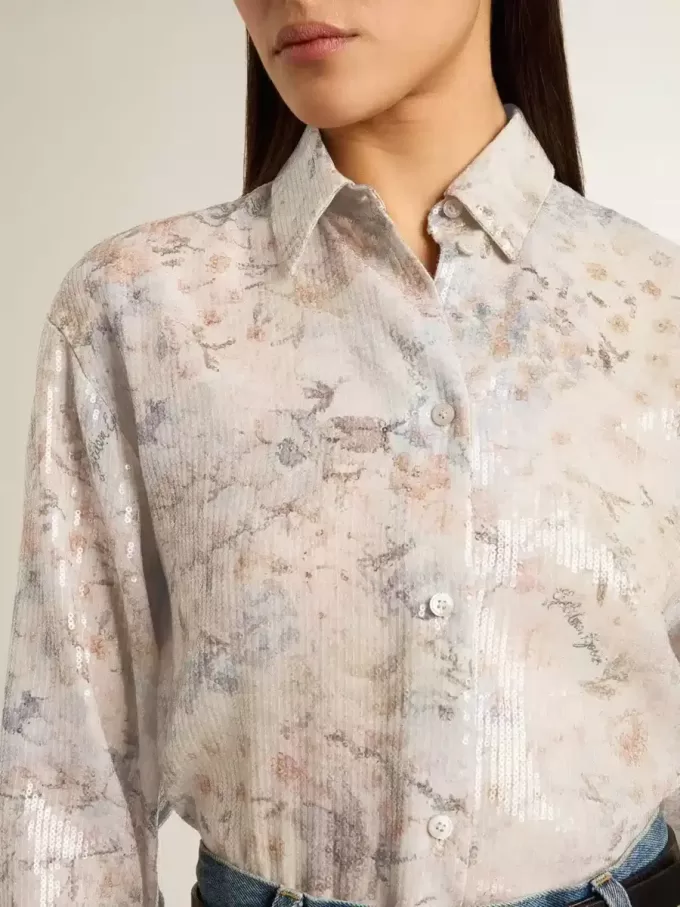 Damenhemd mit mehrfarbigem Blumen-Paillettenprint Damenhemd mit mehrfarbigem Blumen-Paillettenprint