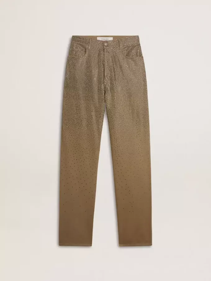 Damenhose aus khakifarbener Baumwolle mit Farbverlauf und Swarovski-Effekt