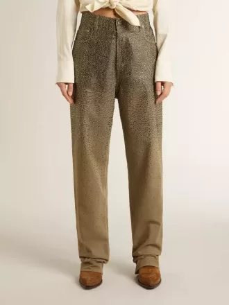 Damenhose aus khakifarbener Baumwolle mit Farbverlauf und Swarovski-Effekt