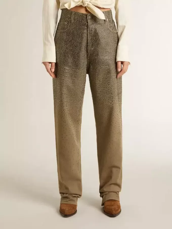 Damenhose aus khakifarbener Baumwolle mit Farbverlauf und Swarovski-Effekt