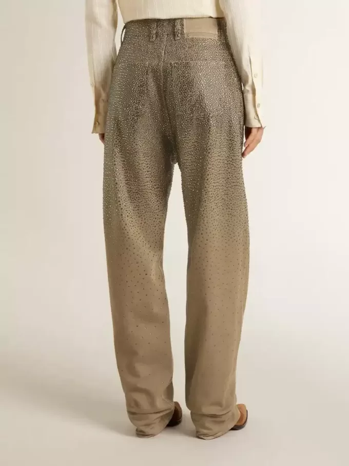 Damenhose aus khakifarbener Baumwolle mit Farbverlauf und Swarovski-Effekt