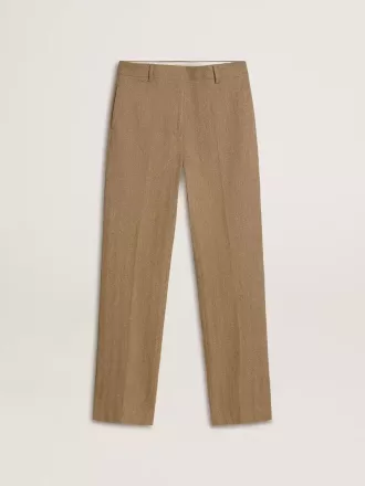 Damenhose aus sandfarbenem Leinenmix mit Fischgrätenmuster