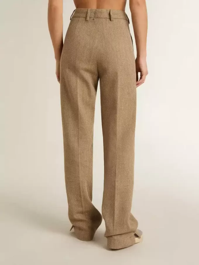Damenhose aus sandfarbenem Leinenmix mit Fischgrätenmuster
