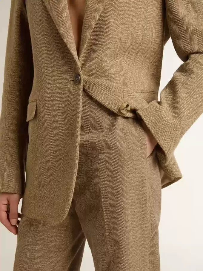 Damenhose aus sandfarbenem Leinenmix mit Fischgrätenmuster