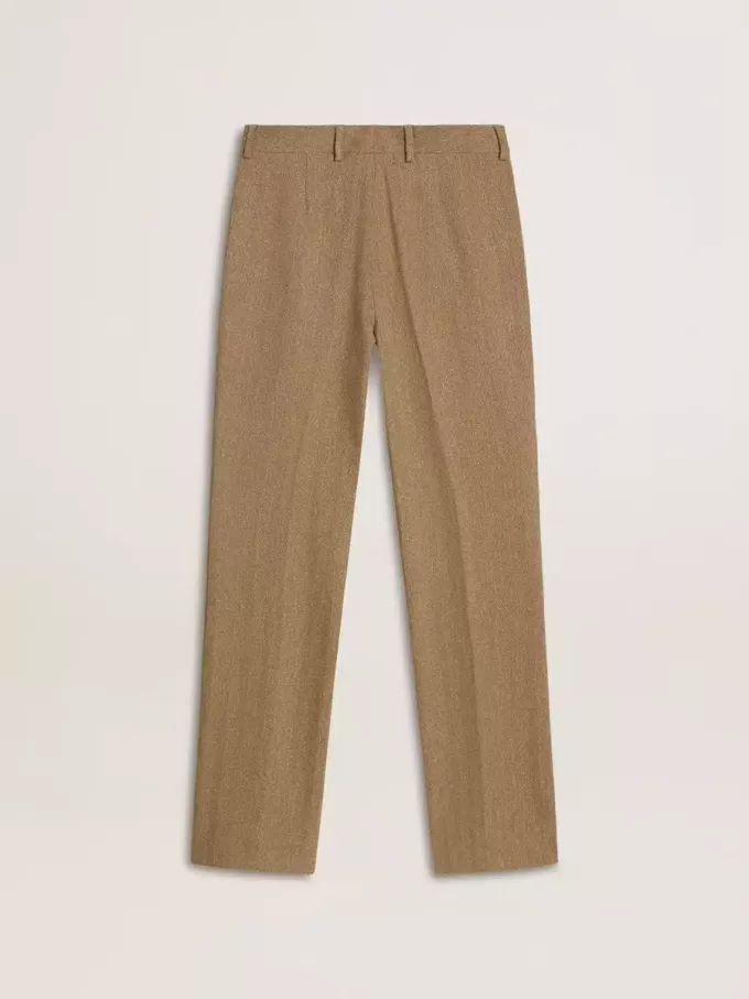Damenhose aus sandfarbenem Leinenmix mit Fischgrätenmuster