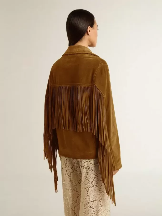 Damenjacke aus tabakfarbenem Wildleder mit Fransen Damenjacke aus tabakfarbenem Wildleder mit Fransen
