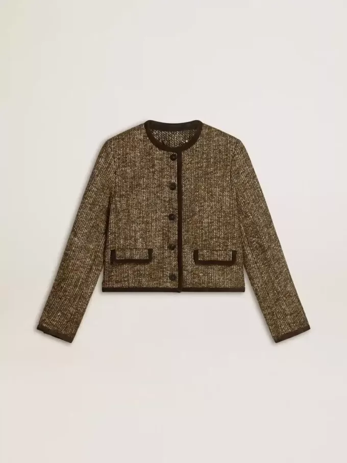 Damenjacke „Journey” aus Wolltweed mit Details aus kaffeefarbenem Wildleder Damenjacke „Journey” aus Wolltweed mit Details aus kaffeefarbenem Wildleder