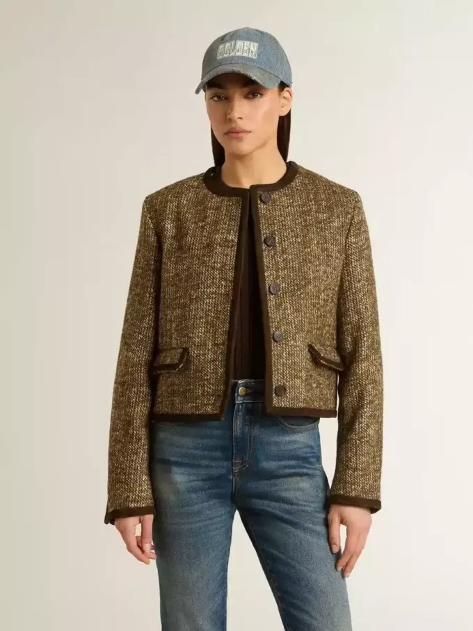 Damenjacke „Journey” aus Wolltweed mit Details aus kaffeefarbenem Wildleder Damenjacke „Journey” aus Wolltweed mit Details aus kaffeefarbenem Wildleder