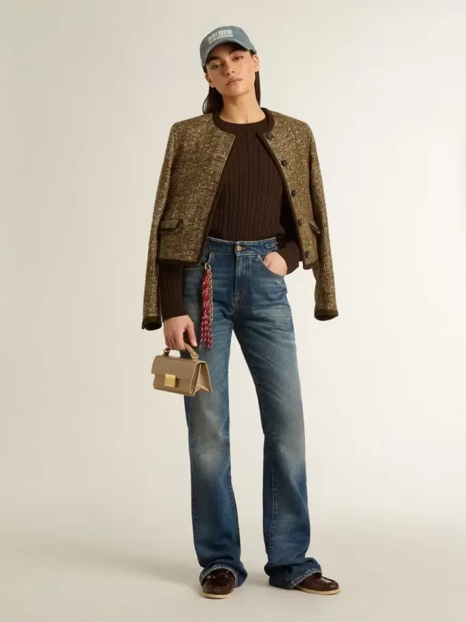 Damenjacke „Journey” aus Wolltweed mit Details aus kaffeefarbenem Wildleder Damenjacke „Journey” aus Wolltweed mit Details aus kaffeefarbenem Wildleder