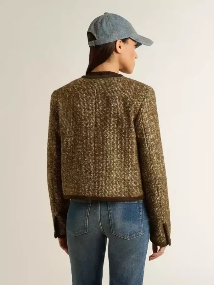 Damenjacke „Journey” aus Wolltweed mit Details aus kaffeefarbenem Wildleder Damenjacke „Journey” aus Wolltweed mit Details aus kaffeefarbenem Wildleder