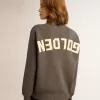 Damenpullover mit Rundhalsausschnitt aus dunkelgrauer Baumwolle mit Logo auf der Rückseite Damenpullover mit Rundhalsausschnitt aus dunkelgrauer Baumwolle mit Logo auf der Rückseite