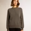 Damenpullover mit Rundhalsausschnitt aus dunkelgrauer Baumwolle mit Logo auf der Rückseite Damenpullover mit Rundhalsausschnitt aus dunkelgrauer Baumwolle mit Logo auf der Rückseite