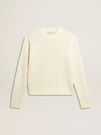 Damenpullover mit Rundhalsausschnitt aus weißer Merinowolle mit Kristallen