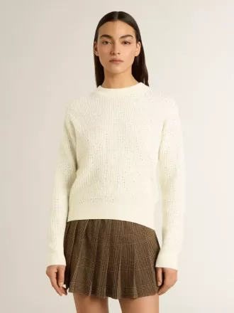 Damenpullover mit Rundhalsausschnitt aus weißer Merinowolle mit Kristallen