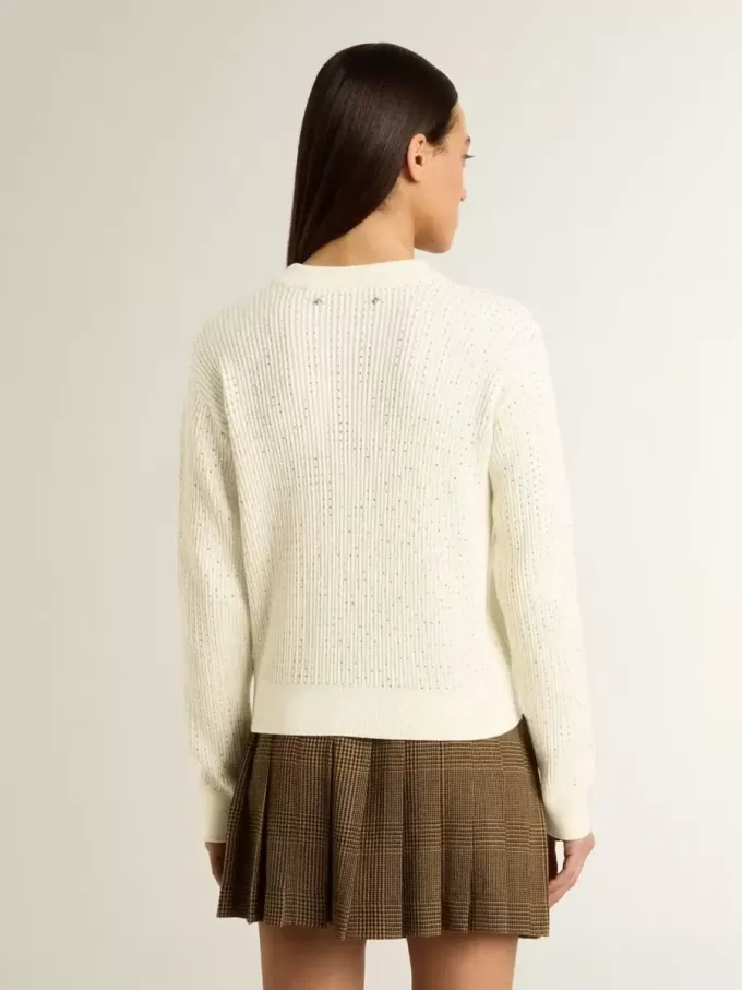 Damenpullover mit Rundhalsausschnitt aus weißer Merinowolle mit Kristallen Damenpullover mit Rundhalsausschnitt aus weißer Merinowolle mit Kristallen