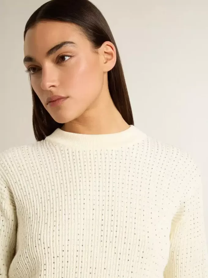 Damenpullover mit Rundhalsausschnitt aus weißer Merinowolle mit Kristallen Damenpullover mit Rundhalsausschnitt aus weißer Merinowolle mit Kristallen