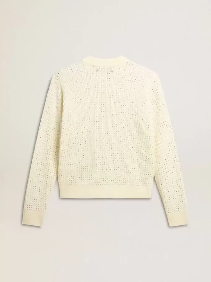 Damenpullover mit Rundhalsausschnitt aus weißer Merinowolle mit Kristallen Damenpullover mit Rundhalsausschnitt aus weißer Merinowolle mit Kristallen