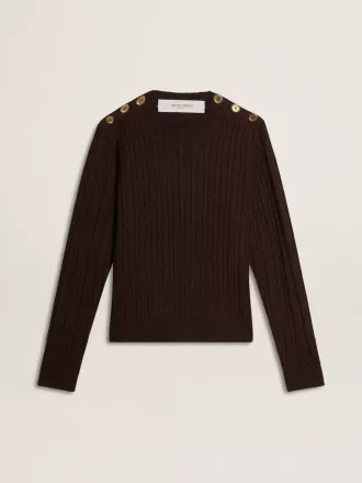 Damenpullover mit Rundhalsausschnitt aus Wollmischung mit goldenen Knöpfen