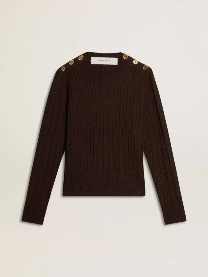 Damenpullover mit Rundhalsausschnitt aus Wollmischung mit goldenen Knöpfen