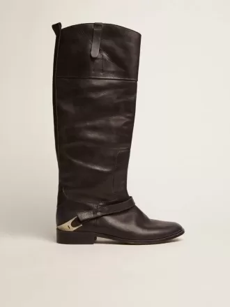 Damenstiefel aus schwarzem Leder mit Klammer an der Ferse