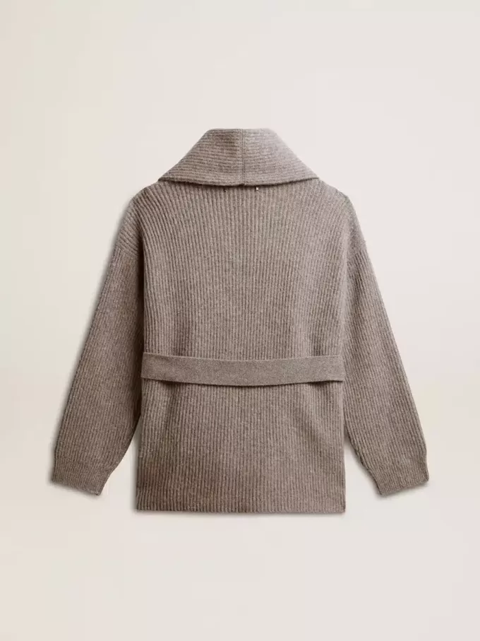 Damenstrickjacke aus grau melierter Wolle mit Stickerei auf der Vorderseite Damenstrickjacke aus grau melierter Wolle mit Stickerei auf der Vorderseite