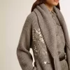 Damenstrickjacke aus grau melierter Wolle mit Stickerei auf der Vorderseite Damenstrickjacke aus grau melierter Wolle mit Stickerei auf der Vorderseite