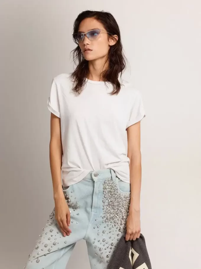 Distressed Regular-Fit-Damen-T-Shirt in Weiß