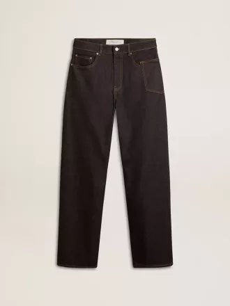 Dunkelblaue Herrenjeans mit weitem Bein aus einmal gewaschenem Denim