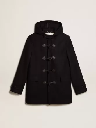 Dunkelblauer Dufflecoat aus Wolle mit Kapuze und Knebelverschluss