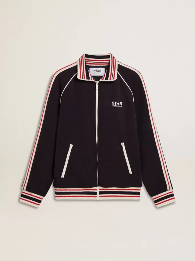 Dunkelblaues Herren-Sweatshirt mit Reißverschluss und weißem Logo