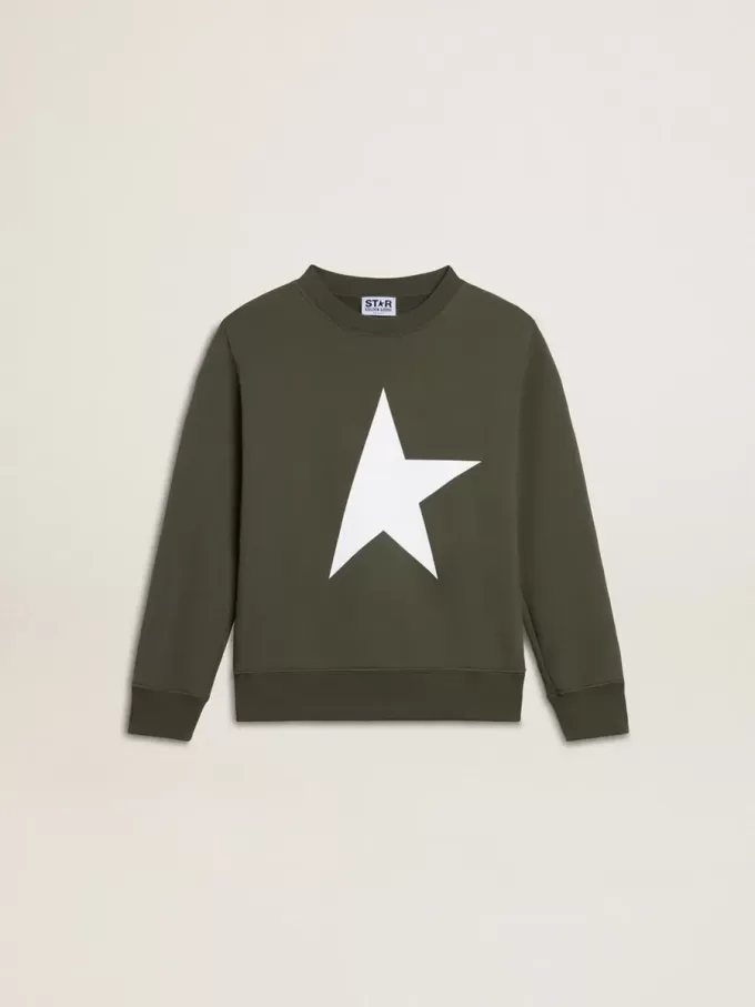 Dunkelgrünes Sweatshirt für Jungen mit weißem Maxi-Stern auf der Vorderseite