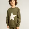 Dunkelgrünes Sweatshirt für Jungen mit weißem Maxi-Stern auf der Vorderseite