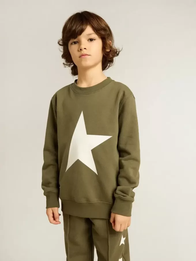 Dunkelgrünes Sweatshirt für Jungen mit weißem Maxi-Stern auf der Vorderseite